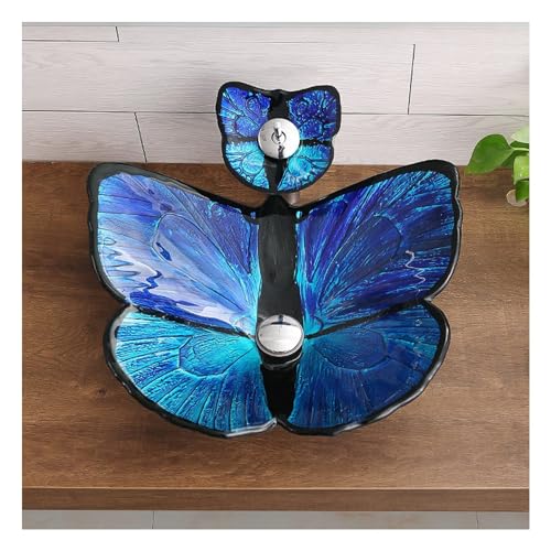 Lavabo in vetro temperato con rubinetto a cascata e scarico pop-up, montaggio superiore sopra il lavandino del bagno