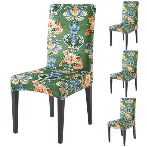 Image of HOKIPO Premium Printed Velvet Chair Cover Set of 4 for Dining Table, Green Victorian Garden (AR-5794-D4*4)