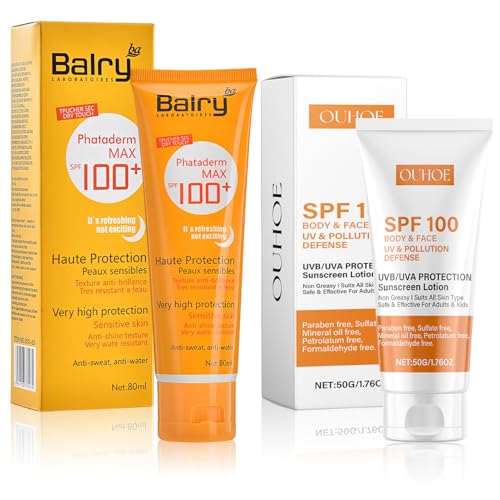 2 Pezzi Crema Solare SPF 100, Crema Solare Viso SPF 100, Protezione solare 100 spf, crema solare Viso, Non Grasso, Waterproof, Forte Protezione Uva/Uvb, Per Corpo e viso Difesa