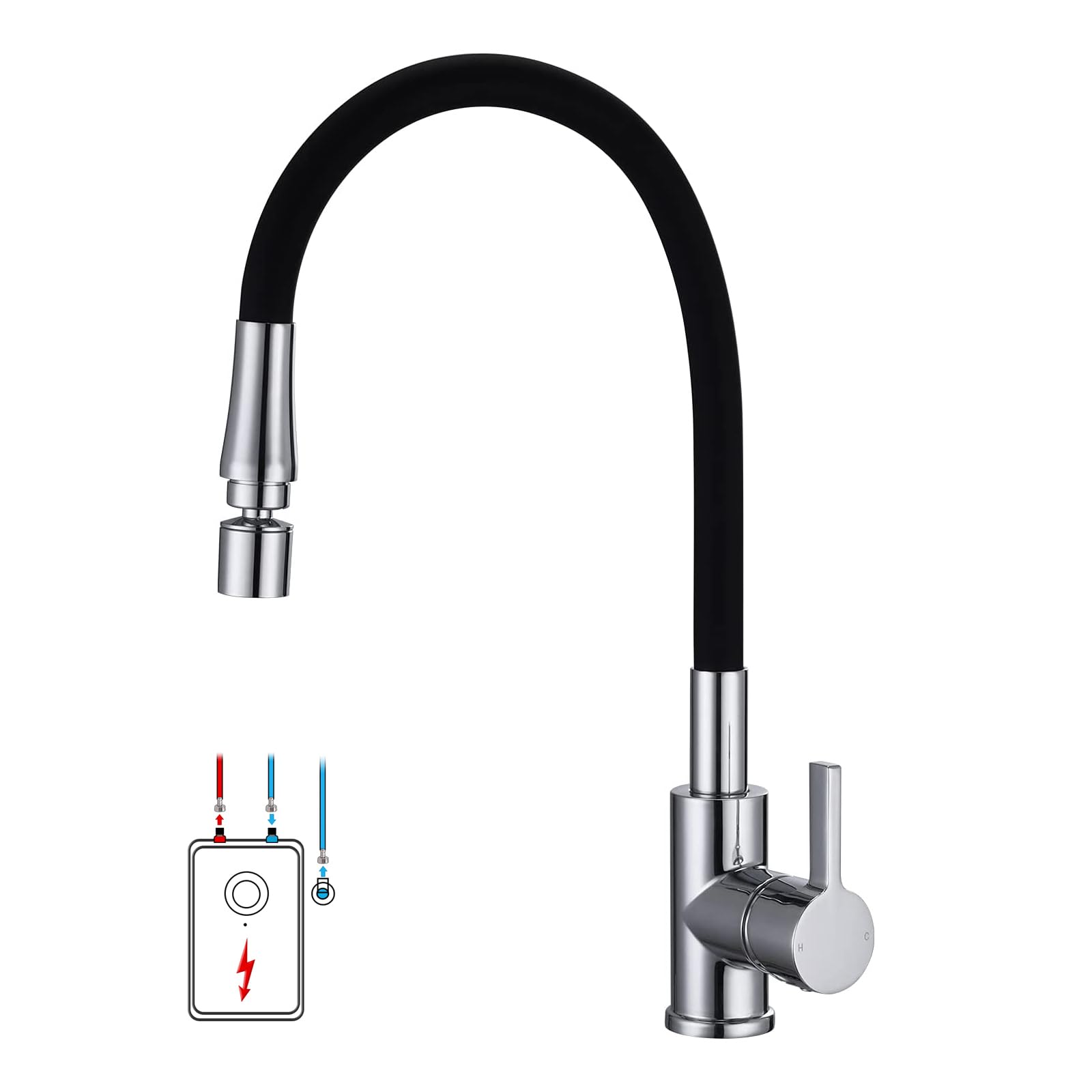 Robinet de cuisine basse pression avec bec flexible et mitigeur pivotant 360