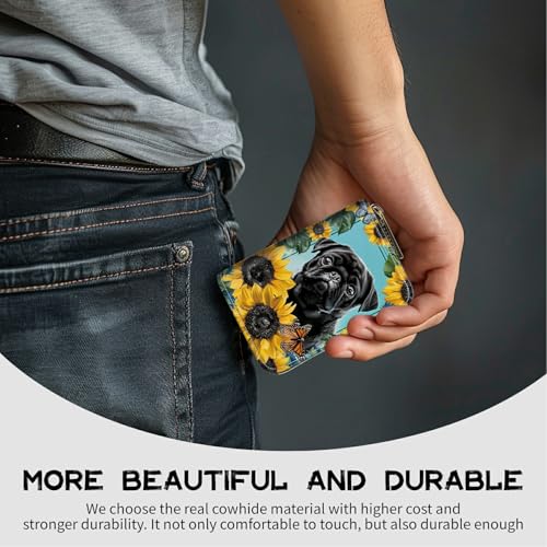 Image of Cute Credit Card Holder with Zipper, Sunflower Pug RFID-Blocking Card Case Small Wallet for Women Men, Multi-slot Card Organizer Case Travel Accordion Wallet