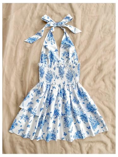 SOLY HUX Women's Sundresses Boho Halter V Neck Backless Ruffle Flowy Summer Beach Mini Dress3