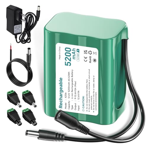 Mspalocell Batería Litio 12.6V 5200mAh, batería pequeña de 12V con Cargador y Adaptador Conector y línea conexión para Sonido, Dab Radio, iluminación bight, Faros, statespiano, Sonar