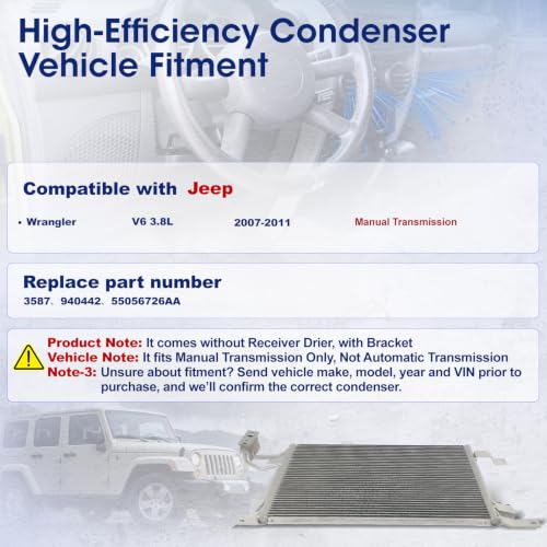 Image of Air Conditioning A /C Condenser Compatible with Jeep Wrangler 2007-2011 V6 3.8L # 3587, 940442, 55056726AA