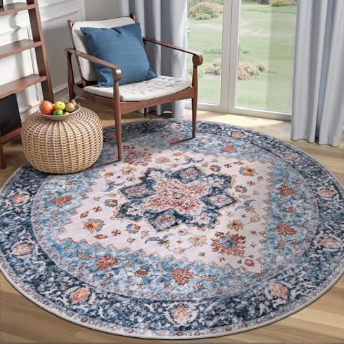 SERISSA Boho Round Area Rug, 4ft Washable Non-Slip Circle Rug, Ultra Soft Vintage Blue Orange Low-Pile Small Circular Carpet for Bedroom Entryway Kids Room Office College Dorm Living Room