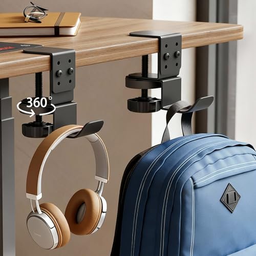 Heavy Duty Desk Hook Clamp(1 PCS), 360° Rotating Backpack Hanger with Height Adjustment, No Drill Headphone Holder, Purse Hook for Table, Bag Hanger, Gifts for Gamers, Office Desk Gaming Accessories