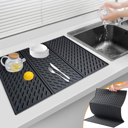 Collapsible Silicone Drying Mat, Trifold Large, Heat-Resistant, Easy Clean, BPA Free, Black (24x16in)