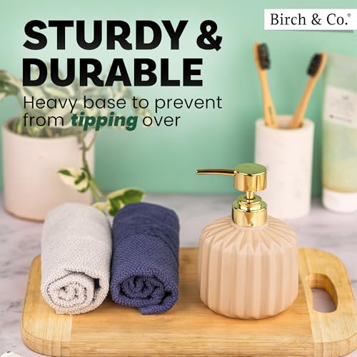 Image of Birch & Co. Ceramic Soap Dispenser For Wash Basin - Handwash Dispenser Bottle - Leak-Proof Design With Silver Glossy BPA-Free Pump, Rivo, Beige,Soapdispenser Rivo Beige
