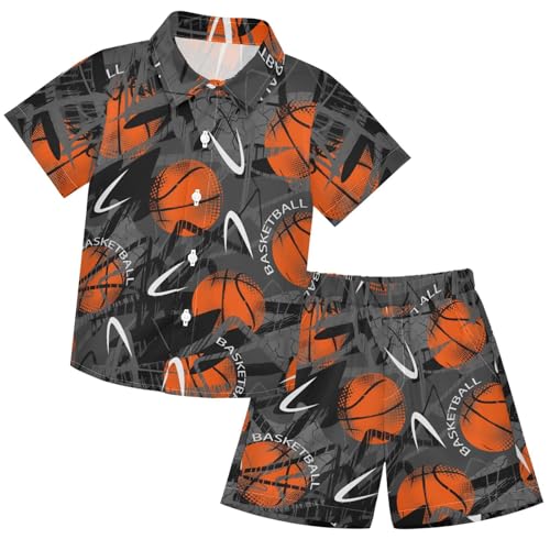 Image of visesunny Boys 2 Piece Outfit Button Down Shirt and Short Sets Urban Style Basketball Boy Summer Outfits for Children Kids 5-6Y