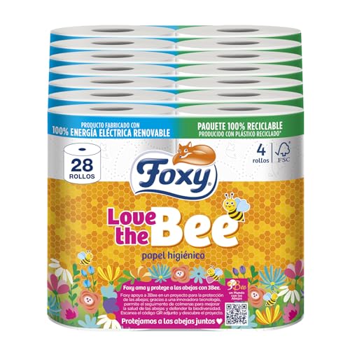 Foxy Love the Bee | 3 capas |Papel higiénico 28 rollos | 167 servicios por cada rollo | Certificación FSC | 100% Energía eléctrica renovable | Paquete reciclable producido con plástico reciclado
