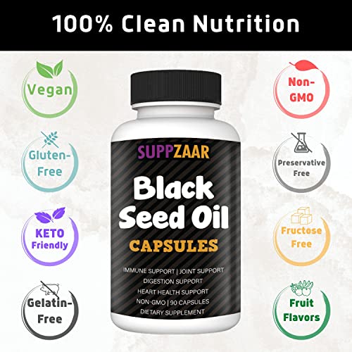 Suppzaar Vegan Black Seed Oil 1000Mg. Cold-Pressed Black Cumin Seed Oil For Immune, Joint, Skin & Digestion Non-Gmo, Gluten & Gelatin Free - 45 Servings, 90 Liquid Filled Capsules #TOP2