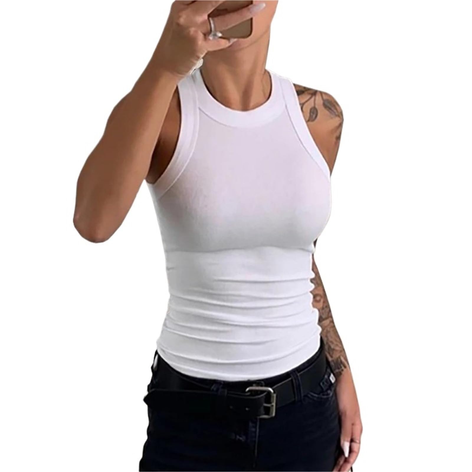 2 pièces Femmes Solide O Cou côtelé débardeur été Chemises Camisole Chic sans Manches Maillot de Corps Hauts Pullover pour Les Voyages Et Le Camping