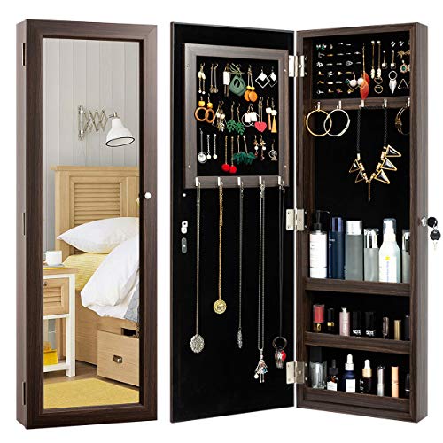 HollyHOME Mirrored Jewelry Cabinet Lockable Wall Door Mounted Jewelry Armoire Organizer with Full Length Mirror Space Saving Lockable,Brown