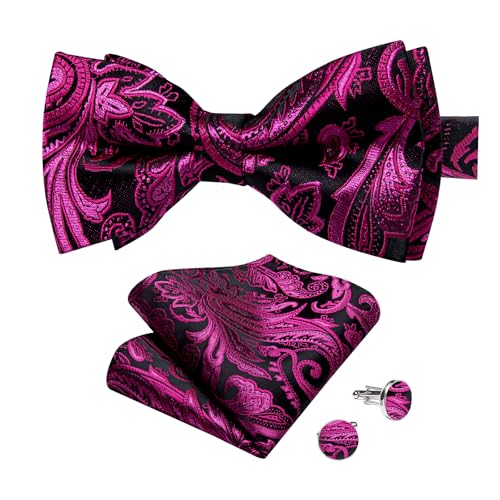 Image of DiBanGu Paisley Pre-Tied Bow Ties for Men Silk Adjustable Bowtie and Pocket Square Cufflinks for Wedding Party