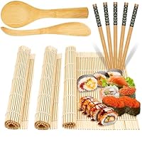 sebudion 10 Stück Sushi Set, wiederverwendbares Sushi Maker Set，enthält 3 Bambusmatte Roller, 5 Paar Essstäbchen, Messer und Reislöffel, für Anfänger und Profis