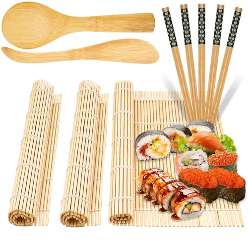 sebudion 10 Stück Sushi Set, wiederverwendbares Sushi Maker Set，enthält 3 Bambusmatte Roller, 5 Paar Essstäbchen, Messer und Reislöffel, für...