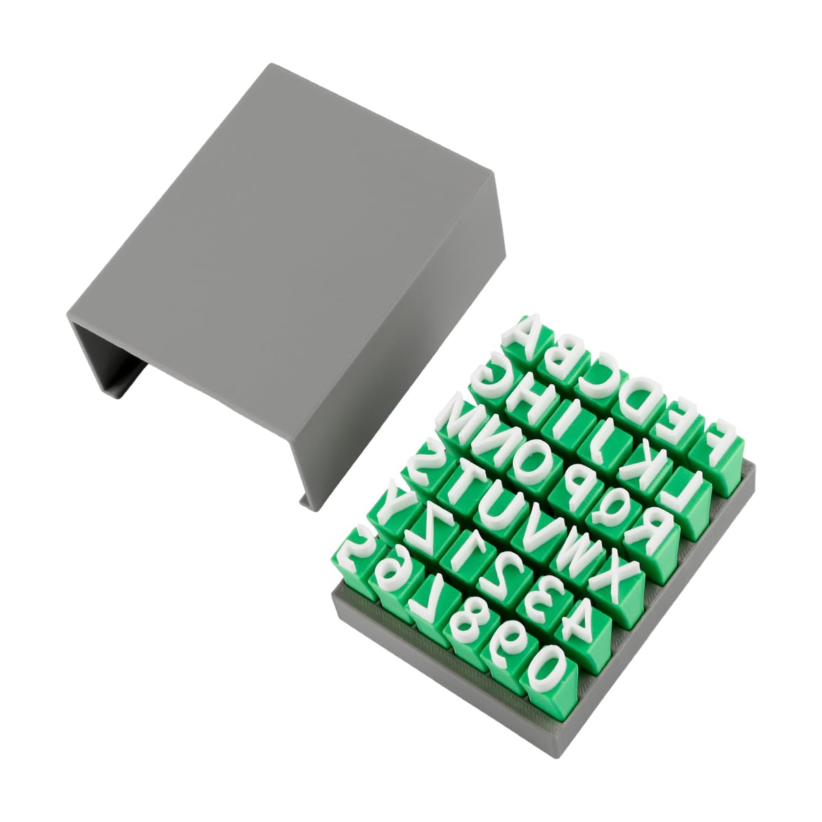Lotsdonxia 36 Pcs Green Clay Letter Stamps for Pottery & Ceramics, ABS Alphabet Stamp Set with Storage Box – Deep Engraved for DIY Crafting