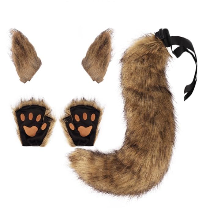 Faux Furry Fox Ears Headband Tail Paw Gloves Set Halloween Costume Fancy Dress Hairband Hair Hoop Wolf Tail Bear Glove Kit Furry Animal Accessories