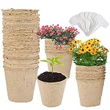 harupink 50 macetas biodegradables para plantas, redondas, para plantas de primavera, material de fibra resistente, etiqueta pequeña con 50 plantas de plástico de 8 cm x 8 cm