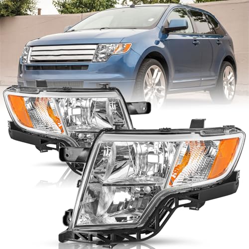 TUSDAR Upgraded Lens Headlight Assembly Set for 2007-2010 Ford Edge Halogen Headlamp Chrome Housing with Amber Reflector