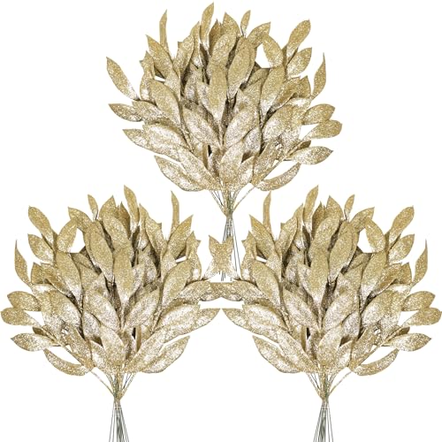 Winlyn 40 Pcs Christmas Artificial Leaf Picks Champagne Glitter Bay