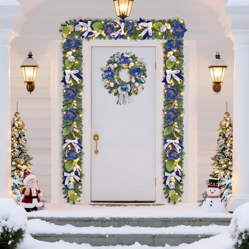 GarveeHome 6ft Christmas Garland with Lights for Mantle, Prelit Outdoor Xmas Garland with 20 LED Lights Timer Blue Ball Ornaments, Battery Operated, for Fireplace Stair Railing Indoor Holiday Decor