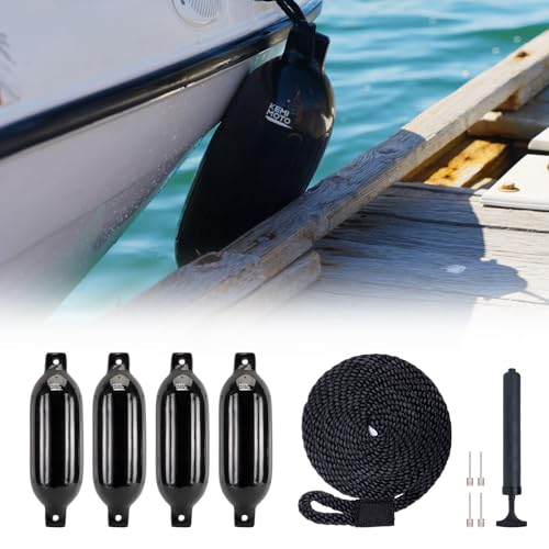 KEMIMOTO Bootsfender aufblasbare Bootspoller für Boote 4er-Set mit 4 Seilen ideal für Anlegemanöver geeignet für Pontonboote Angelboote und Jonboote