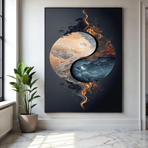 Peinture Yin Yang Lune art moderne abstrait sur toile texturée