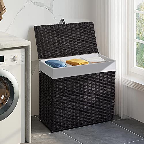 Greenstell Laundry Hamper with Lid, 125L Large Clothes Hamper with 3 Section & 2 Section Removable Liner Bags & 5 Mesh Laundry Bags, Handwoven Synthetic Rattan Divided Laundry Basket, Black - Thumbnail 2