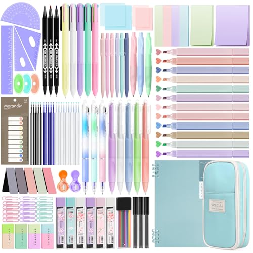 Focxoio 146PCS Aesthetic Stationery Supplies with Pen Case & Notebook,12 Pastel Highlighters,3 Erasable Pens,5 Multicolor Pen,5 Gel Pen,9 Mechanical Pencil Stationery Set for Students School Supplies