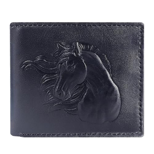 Image of VANSH ARTS Men's RFID Blocking Leather Wallet- Bifold Wallet - Premium Napa Leather - 7 Card Slots ID Window Coin Pocket 2 Cash Compartments, Black, Regular Bifold, Horse Face