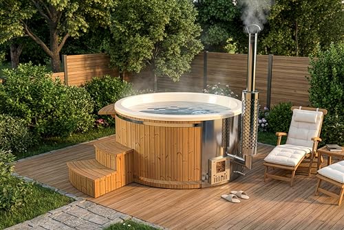 FinnTherm Holz Badefass Stockholm aus Thermoholz, Hot Tub Ø 180 cm, 8 Personen, inkl. Edelstahl-Ofen (30 kW), Minibar, Schwimmbecken, Badebottich, Badezuber