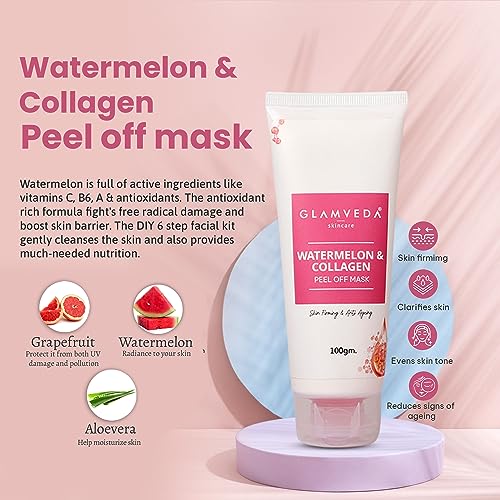 Image of Glamveda Watermelon & Collagen Anti Ageing Combo For Delay's ageing ( Facial Kit + Peel Off Mask )