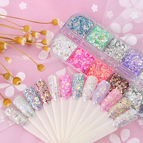 12 Colors Iridescent Glitter Nail Art Sequins, Colorful Sparkly Nail Flakes Design, Holographic Ultra-Thin Hexagon Powder Acrylic Supplies For Women Girls Manicure Summer Decorations, 3D Accessories #TOP2