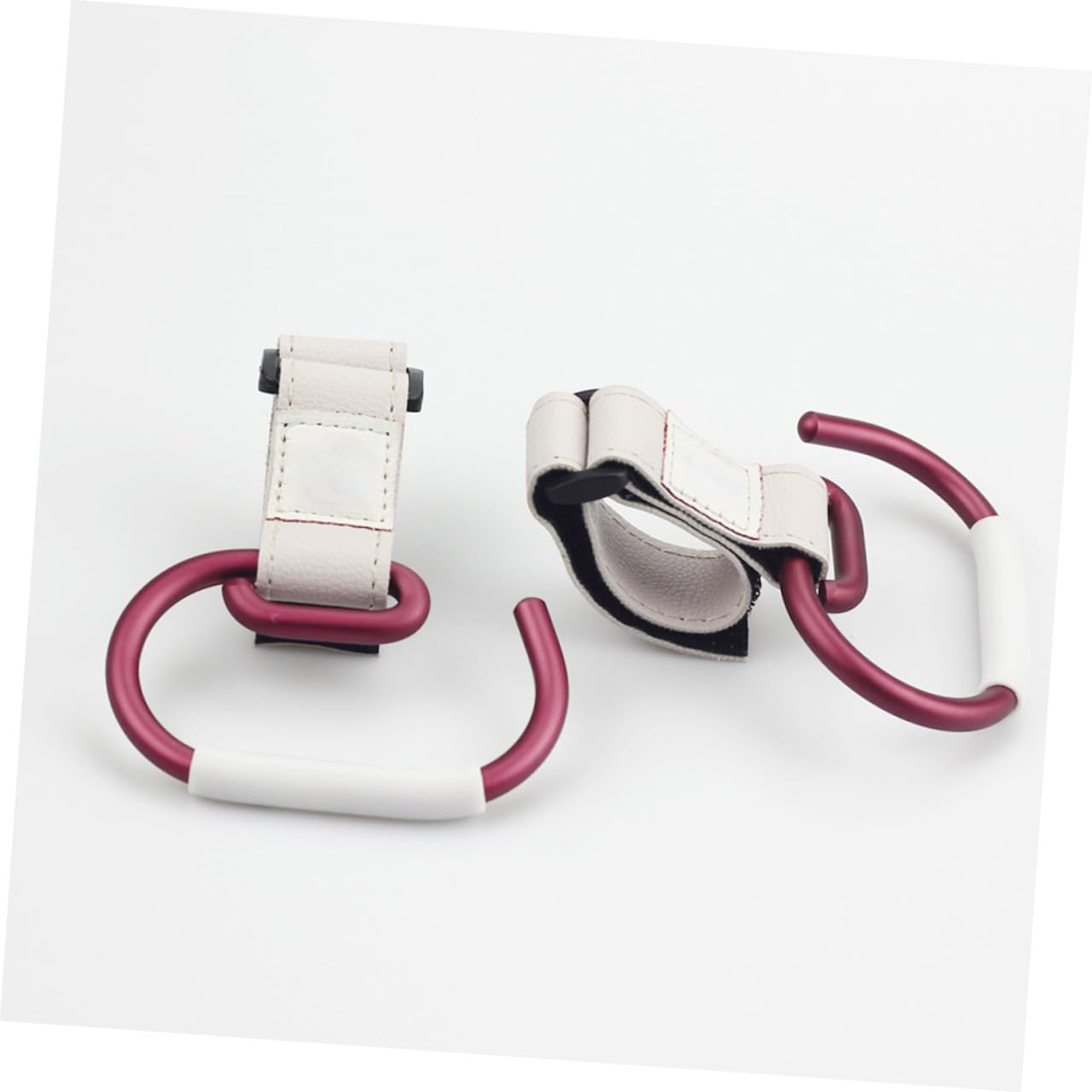 Aluminum Alloy Stroller Hook Clips with White Strap and Burgundy Hook Heavy-Duty Stroller Accessories for Hanging Diaper Bags Purses and Organizers Convenient Bag Hangers for