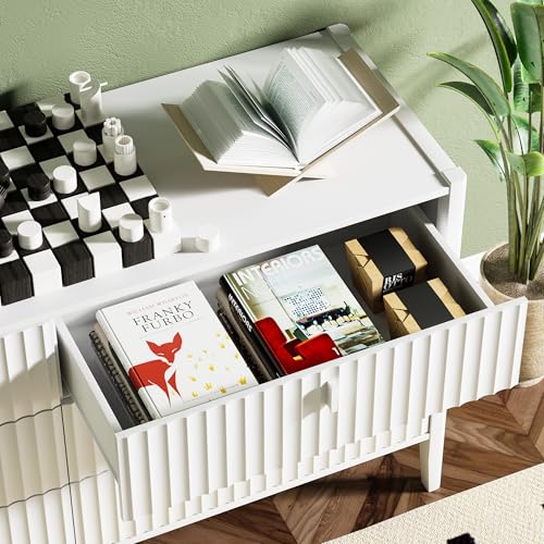Image of Furniway White 6 Drawer Dresser, Modern Wide Dresser for Bedroom, Fluted Wood Chest of Drawers with Metal Handles for Clothes, Storage Cabinet for Living Room, Entryway, Office
