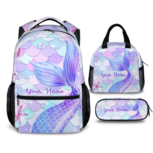 Girls Backpack, Cute Mermaid Bookbag for Kids 6-8, 17 Inches Kids Backpack with Lunch Box and Pencil Case for Girls, 3 in 1 Preschool Elementary Kindergarten Schoolbag Matching Combo
