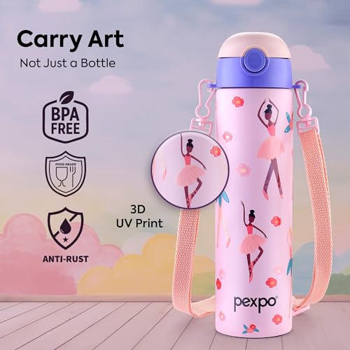 Image of Go24 pexpo Sporty ISI Certified Stainless Steel Water Bottle For School Kids - 700ml (Pack Of 2) | 6+ Years | Sipper Cap | Leakproof & BPA Free | Picnic, Travel, Sport - Pink Dancing Girl UV Print