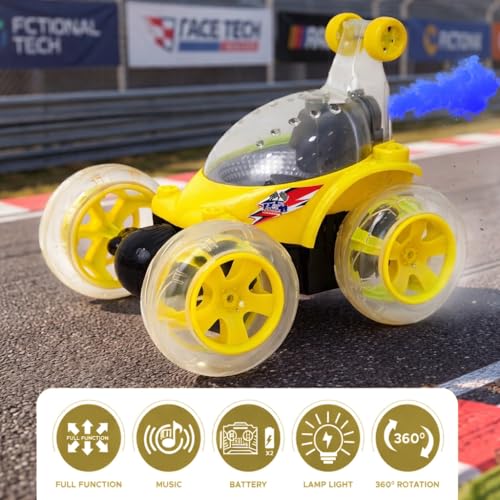 Image of NHR Launch RC Stunt Car for Kids, 360 Rotating Remote Control Car with Smoke Spray, Music & Lights, High-Speed Rechargeable Toy Vehicle Gift for Boys & Girls (2+ Years, Yellow)