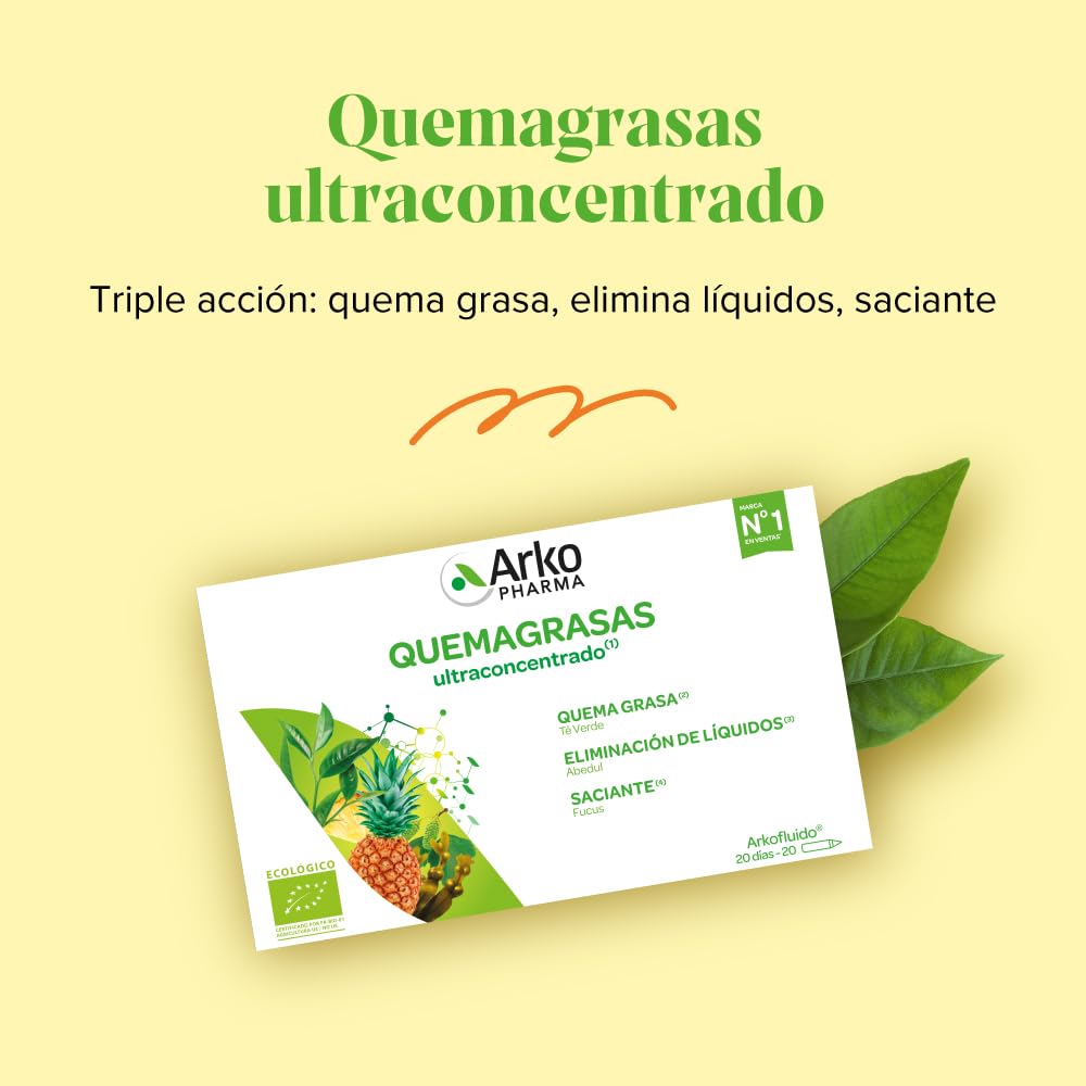 Arkopharma Arkofluido Quemagrasa Bio 20 Ampollas, Control de Peso, Saciante, Elimina Líquidos y Toxinas Más Asesoramiento Nutricional, Complemento Alimenticio, 20 Unidad (Paquete de 1)