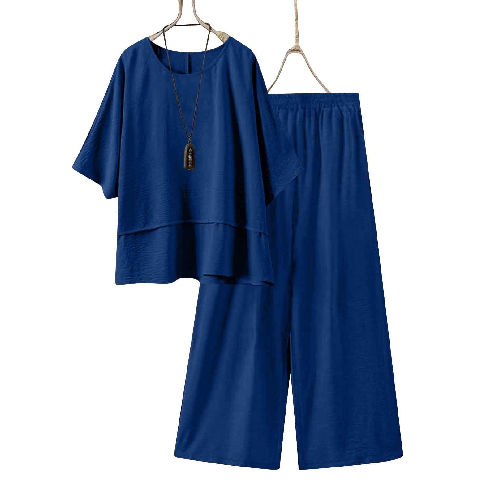 Conjunto Mujer Vestir Dos Piezas,2 Piezas Talla Grande Conjunto de Verano Otoño Algodón y Lino Camiseta de Manga 3/4 y Pantalones Ancho Suelto Oficina Casual Traje Color Sólido Cómodo Set