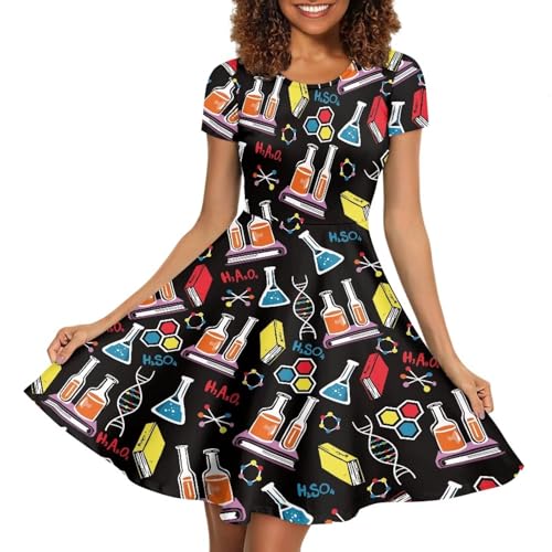 Image of POLERO Women Puffy Swing Elegant Party Midi Dresses Short Sleeve Round Neck A-Line Dress