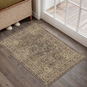 2x3 Washable Area Rug for Entryway Beige Floral Vintage Non Slip Low Pile Thin Rug Soft Lightweight Stain Resistance Doormat Living Room Kitchen Bathroom Laundry Room Home Decor