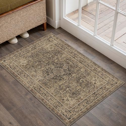 2x3 Beige Washable Vintage Runner Rug for Living Room Bedroom Soft Tranditional Non Slip Thin Throw Rug Lightweight Floral Low Pile Distressed Carpet Doormat Kitchen Entrance Hallway Laundry