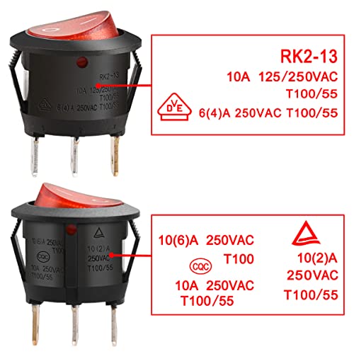 Image of Heschen -Round Rocker Switches, 3 Terminals, Red Light 10A, 250VAC, Pack of 5