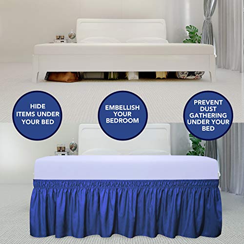 PureFit Wrap Around Ruffled Bed Skirt with Adjustable Elastic Belt - 18 Inch Drop Easy to Put On, Wrinkle Free Bedskirt Dust Ruffles, Bed Frame Cover for Twin, Twin XL and Full Size Bed, Classic Blue