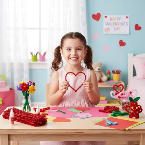 Image of Caydo 200 Pieces Glitter Red Pipe Cleaners | Thick Fluffy Chenille Stems, Pipe Cleaner Crafts for Arts & Crafts, Perfect for Making Animals, Flowers, and Home Dec