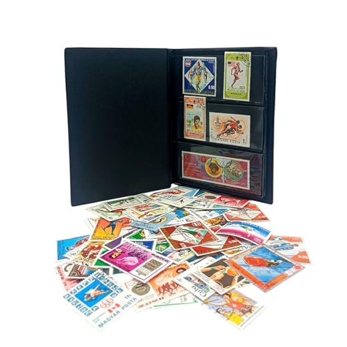 IMPACTO COLECCIONABLES – Colección de 100 sellos con temática de los Juegos Olímpicos con álbum incluido (14 x 18 x 1 cm) | Eleve su colección filatélica con sellos auténticos matasellados