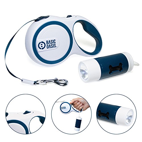 Basic Oasis Tangle-Free Retractable Dog Leash | FREE Flashlight, Poop Bag Holder, and Bags Included | 16 Ft - Best Up to 50 lbs