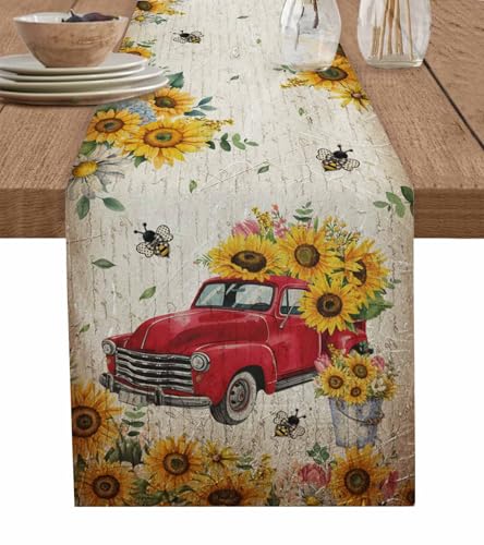Red Truck Burlap Table Runner - 72 Inch Sunflower Pattern, Floral Dining Room Decor